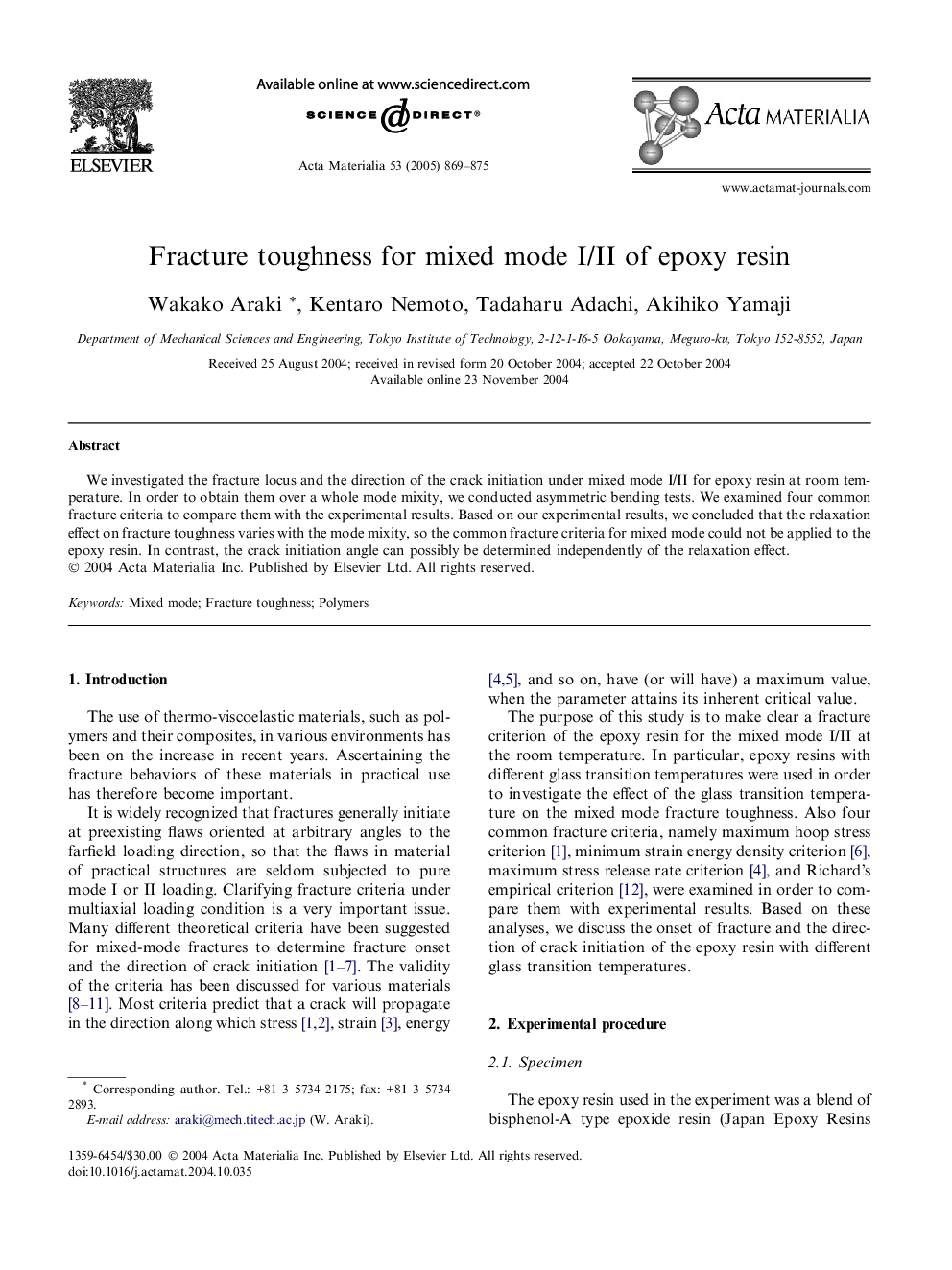 Fracture toughness for mixed mode I/II of epoxy resin