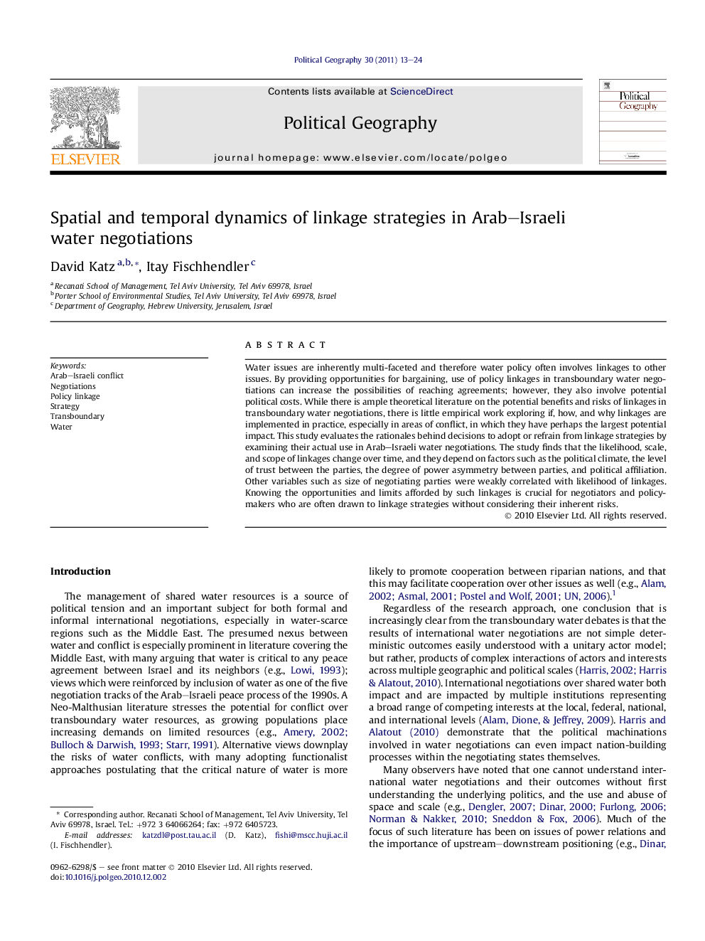 Spatial and temporal dynamics of linkage strategies in Arab–Israeli water negotiations