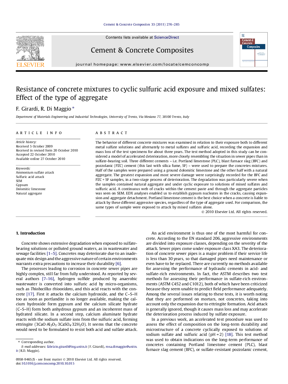 Resistance of concrete mixtures to cyclic sulfuric acid exposure and mixed sulfates: Effect of the type of aggregate