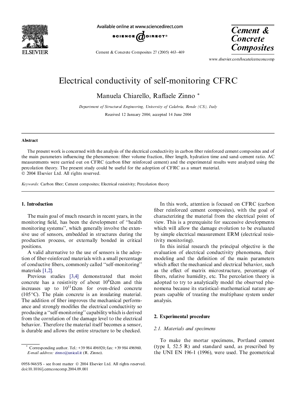 Electrical conductivity of self-monitoring CFRC