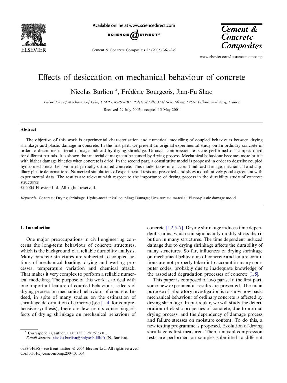 Effects of desiccation on mechanical behaviour of concrete