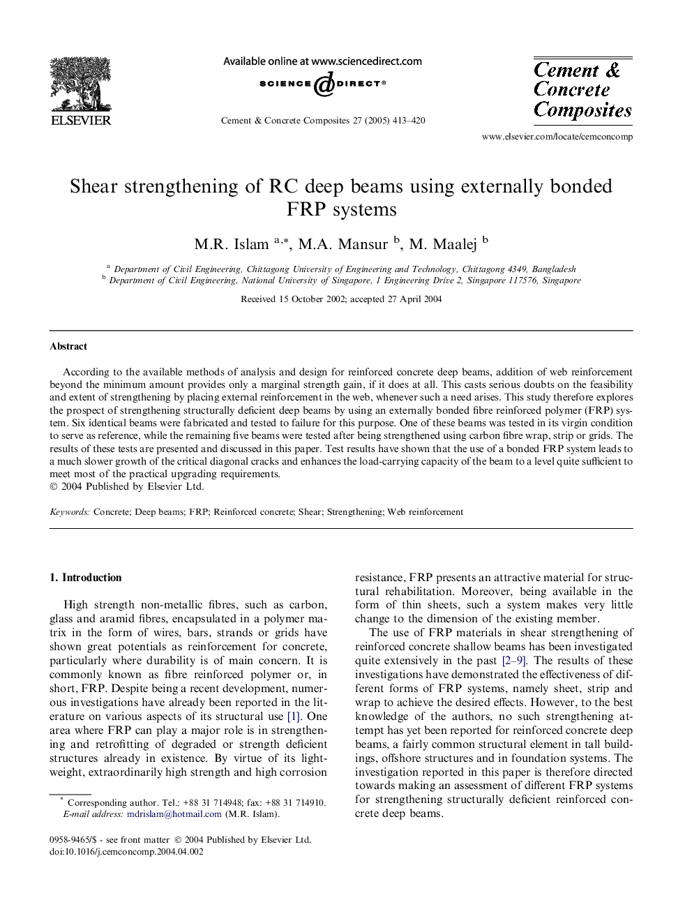 Shear strengthening of RC deep beams using externally bonded FRP systems