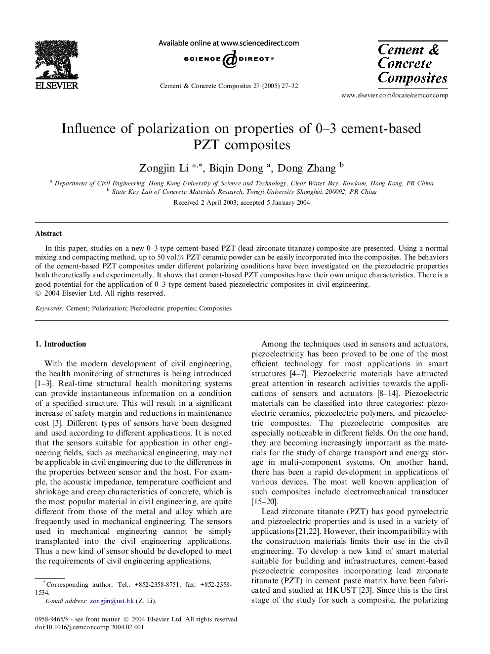 Influence of polarization on properties of 0-3 cement-based PZT composites