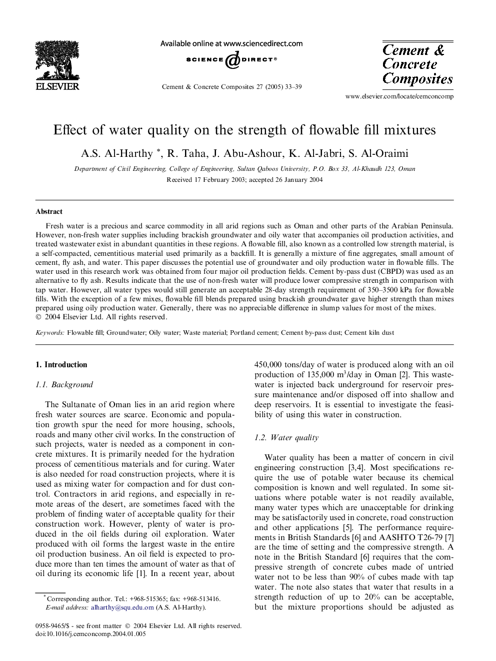 Effect of water quality on the strength of flowable fill mixtures