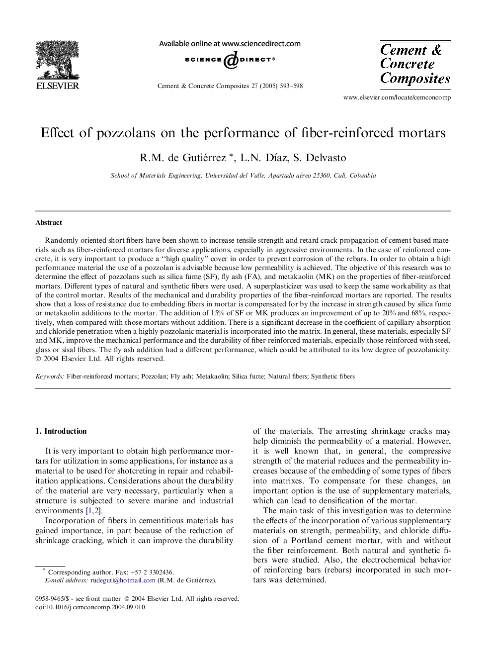 Effect of pozzolans on the performance of fiber-reinforced mortars