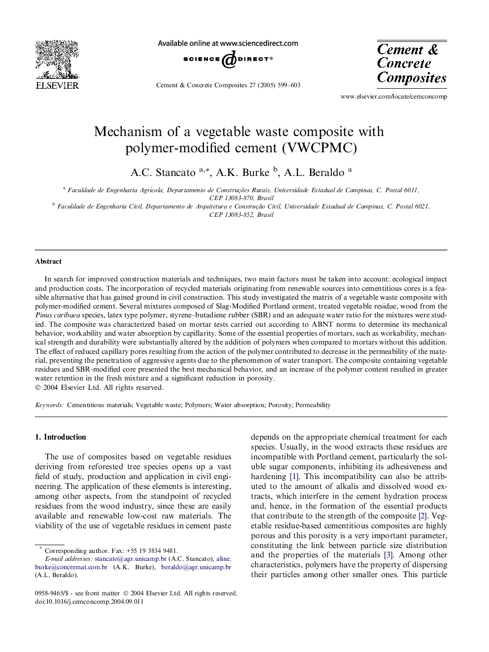 Mechanism of a vegetable waste composite with polymer-modified cement (VWCPMC)