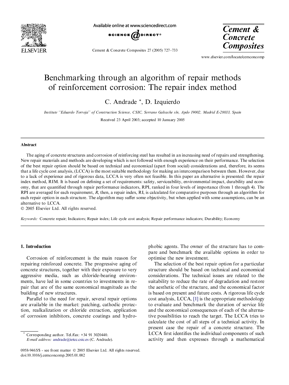 Benchmarking through an algorithm of repair methods of reinforcement corrosion: The repair index method