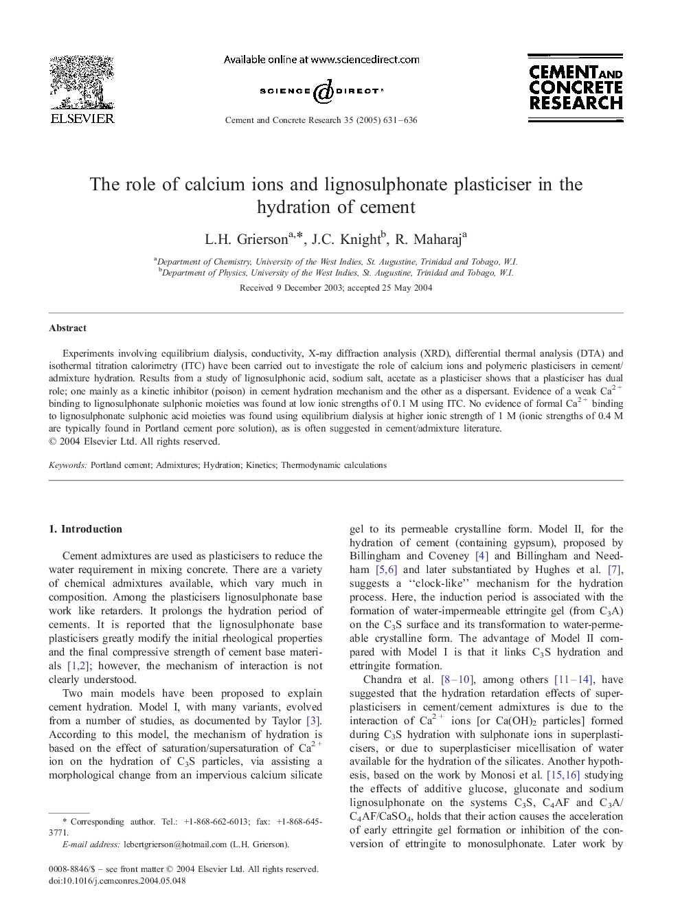 The role of calcium ions and lignosulphonate plasticiser in the hydration of cement