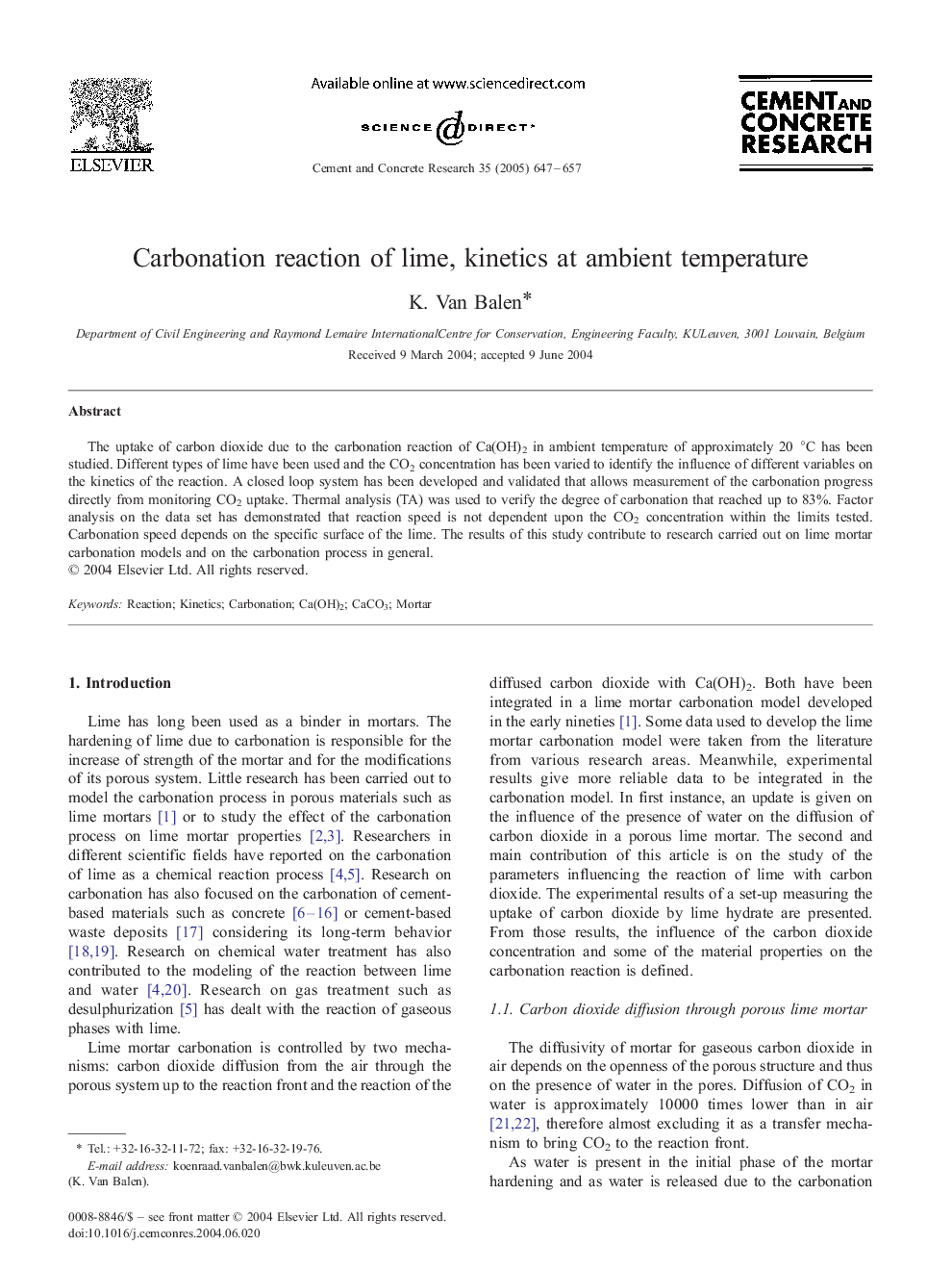 Carbonation reaction of lime, kinetics at ambient temperature