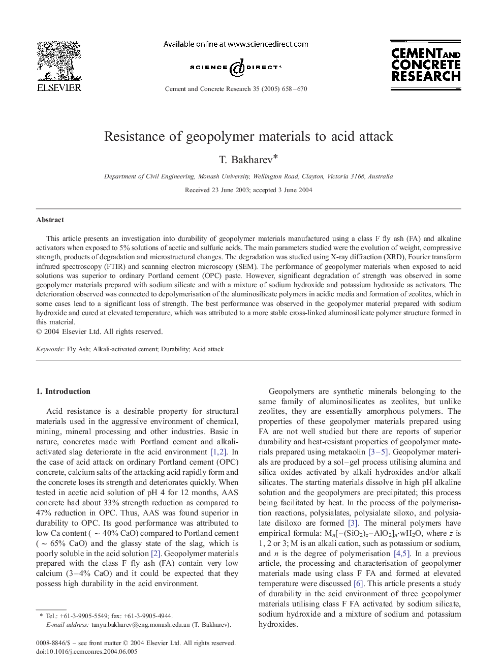 Resistance of geopolymer materials to acid attack