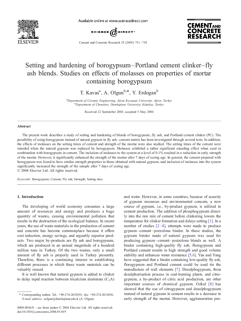 Setting and hardening of borogypsum-Portland cement clinker-fly ash blends. Studies on effects of molasses on properties of mortar containing borogypsum