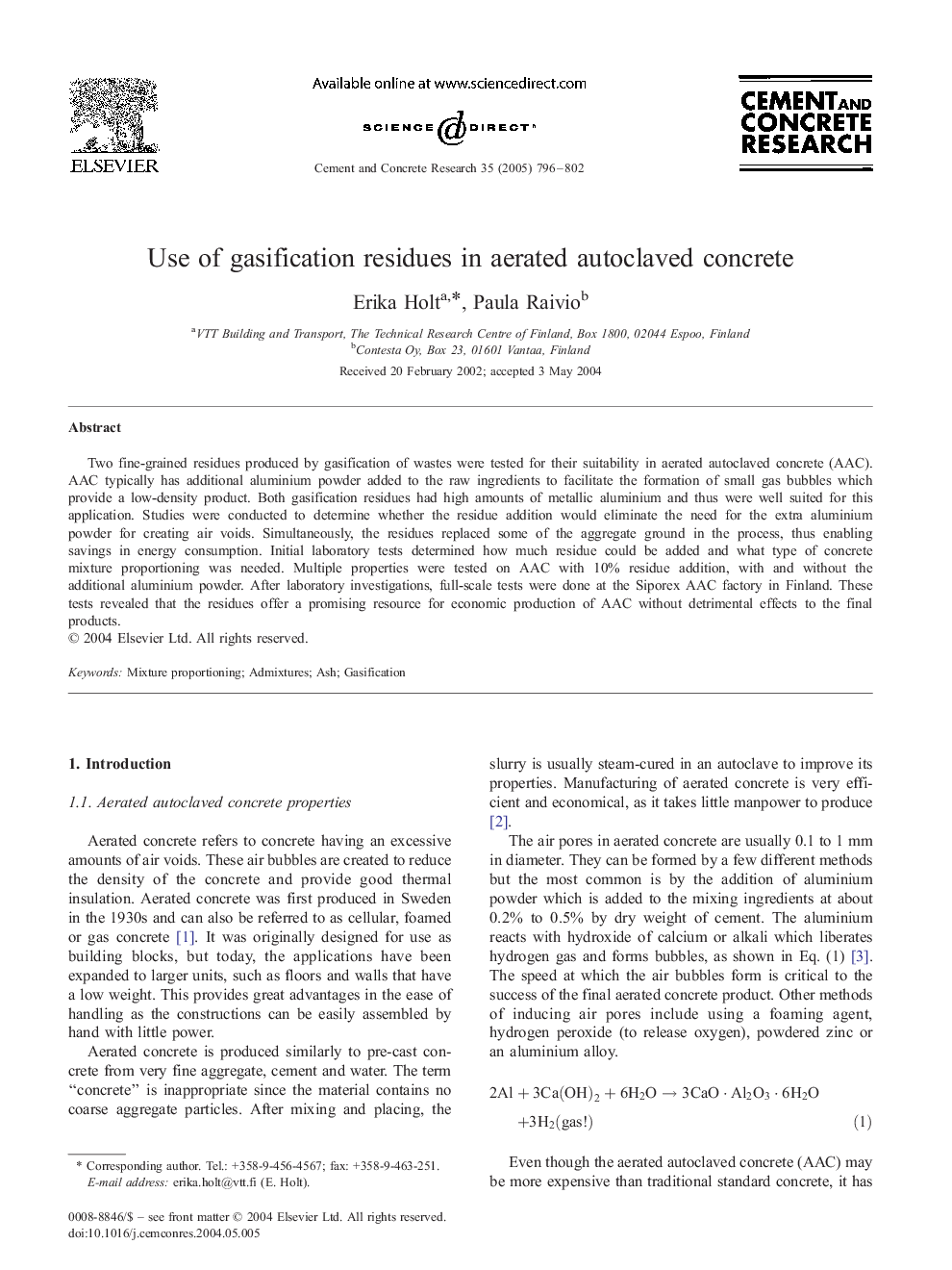 Use of gasification residues in aerated autoclaved concrete