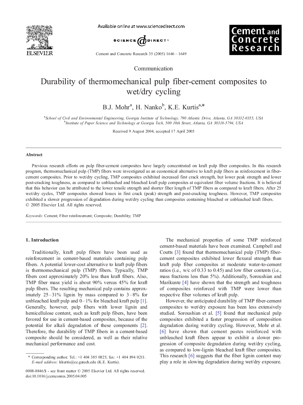 Durability of thermomechanical pulp fiber-cement composites to wet/dry cycling