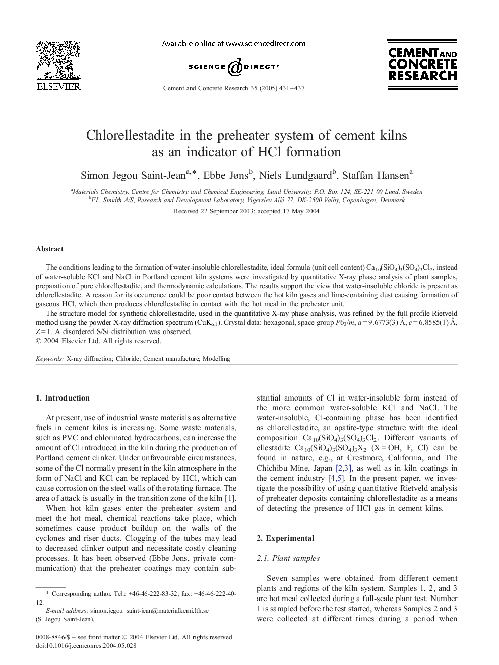 Chlorellestadite in the preheater system of cement kilns as an indicator of HCl formation