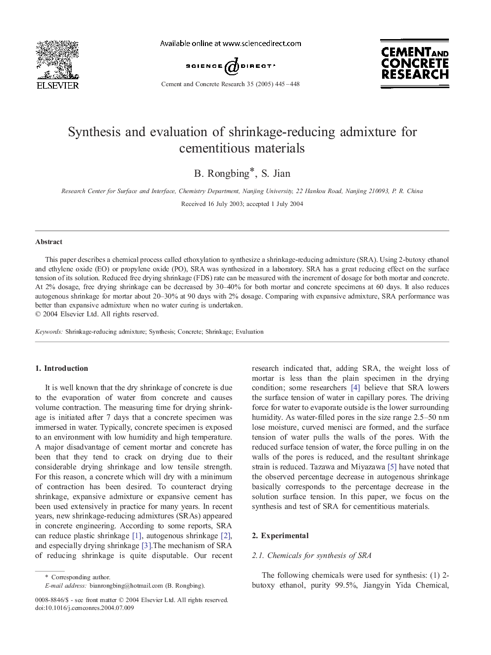 Synthesis and evaluation of shrinkage-reducing admixture for cementitious materials