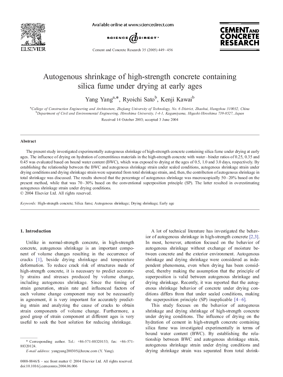 Autogenous shrinkage of high-strength concrete containing silica fume under drying at early ages