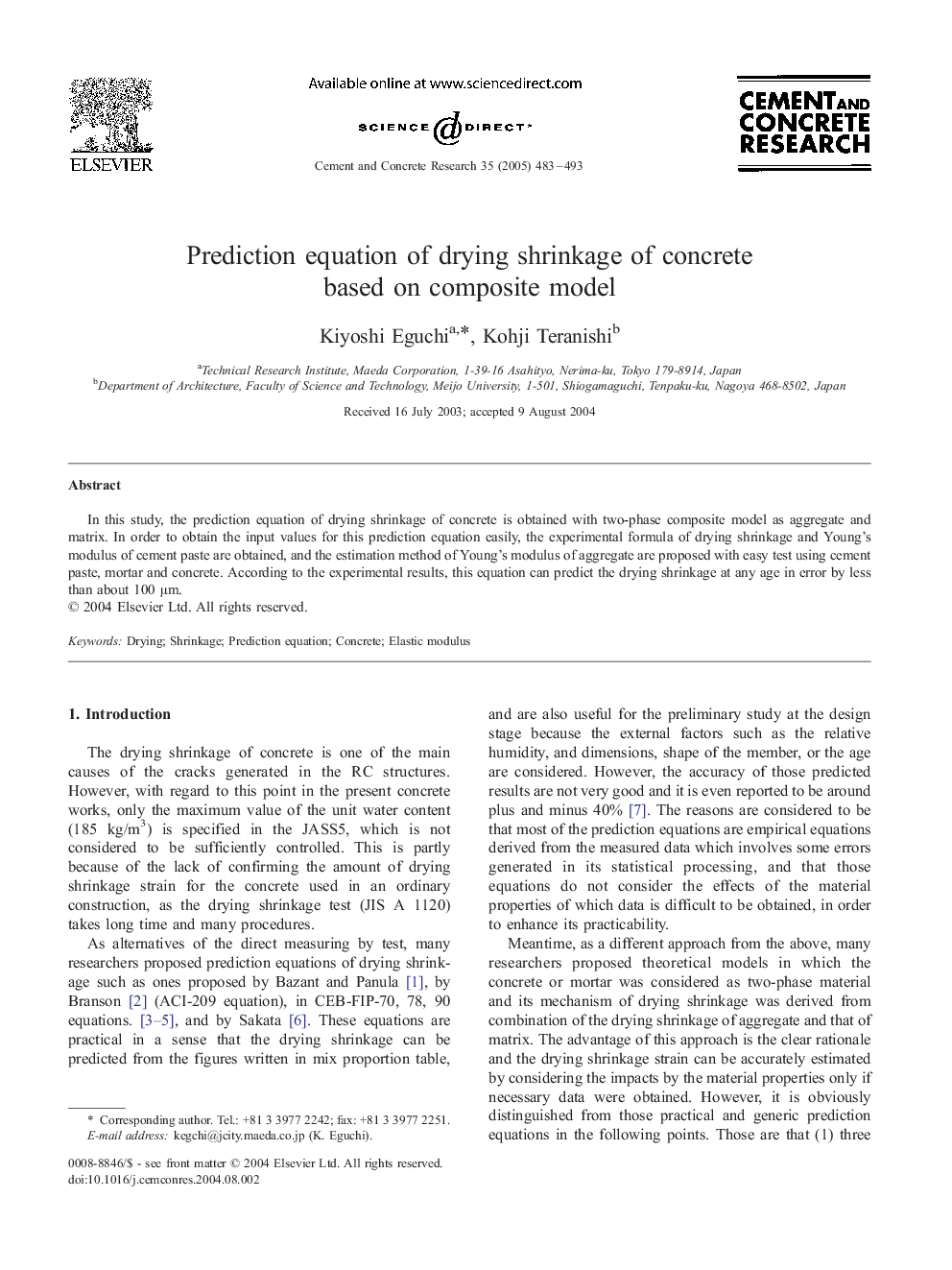 Prediction equation of drying shrinkage of concrete based on composite model