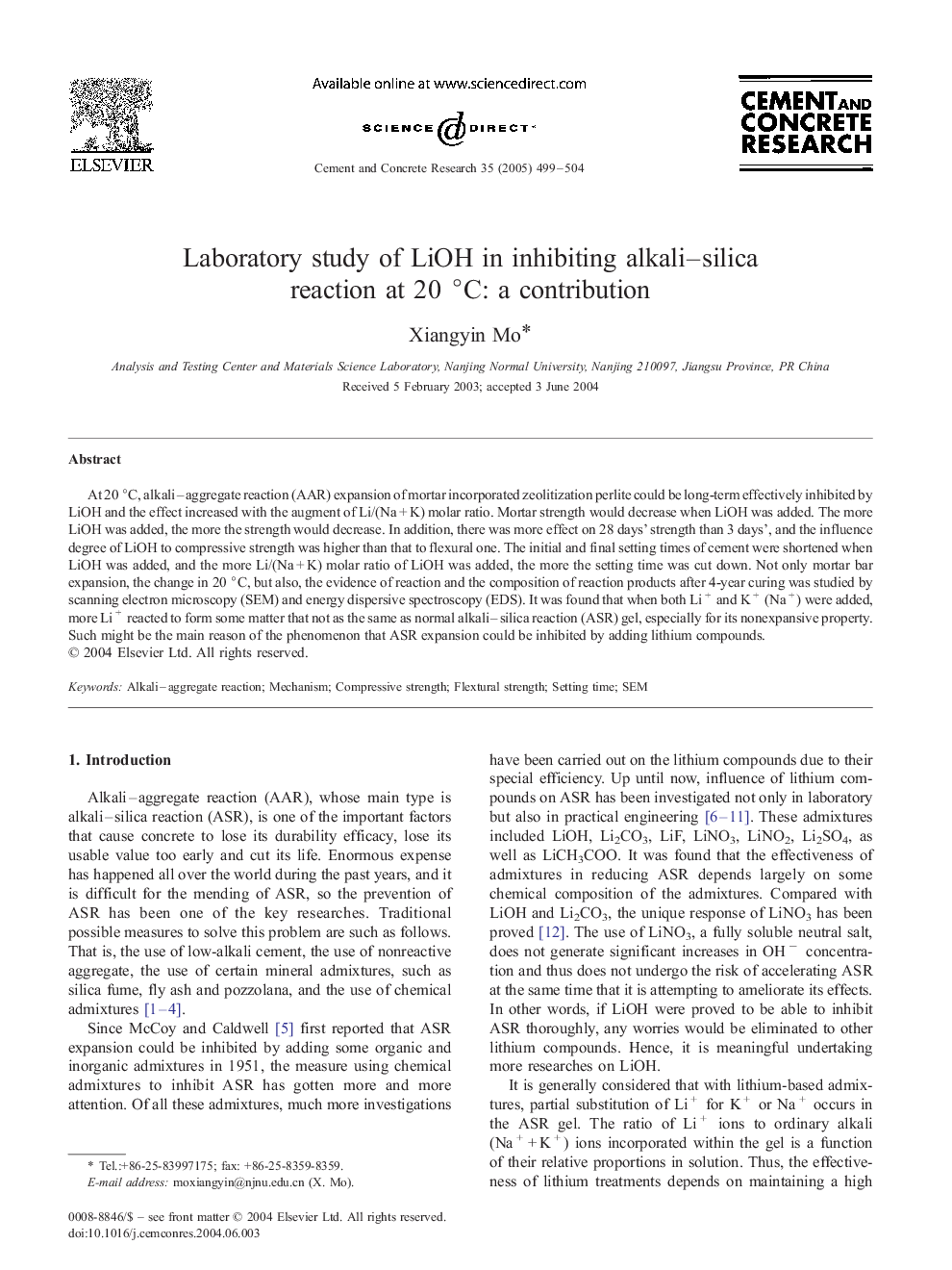 Laboratory study of LiOH in inhibiting alkali-silica reaction at 20 Â°C: a contribution
