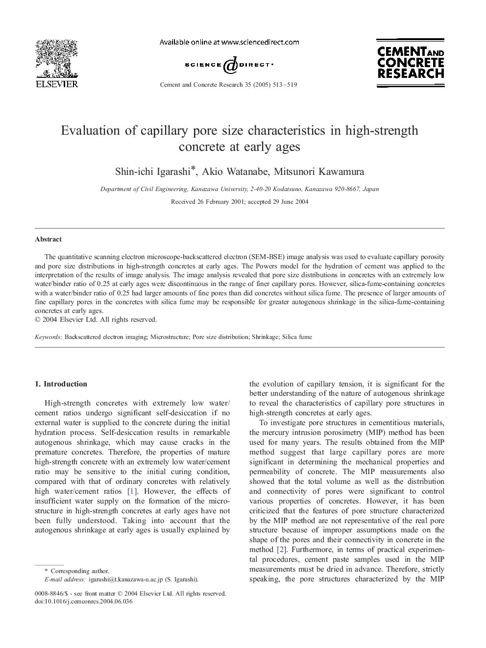 Evaluation of capillary pore size characteristics in high-strength concrete at early ages