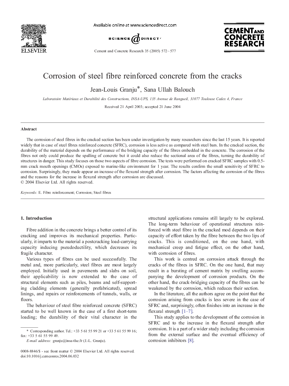 Corrosion of steel fibre reinforced concrete from the cracks