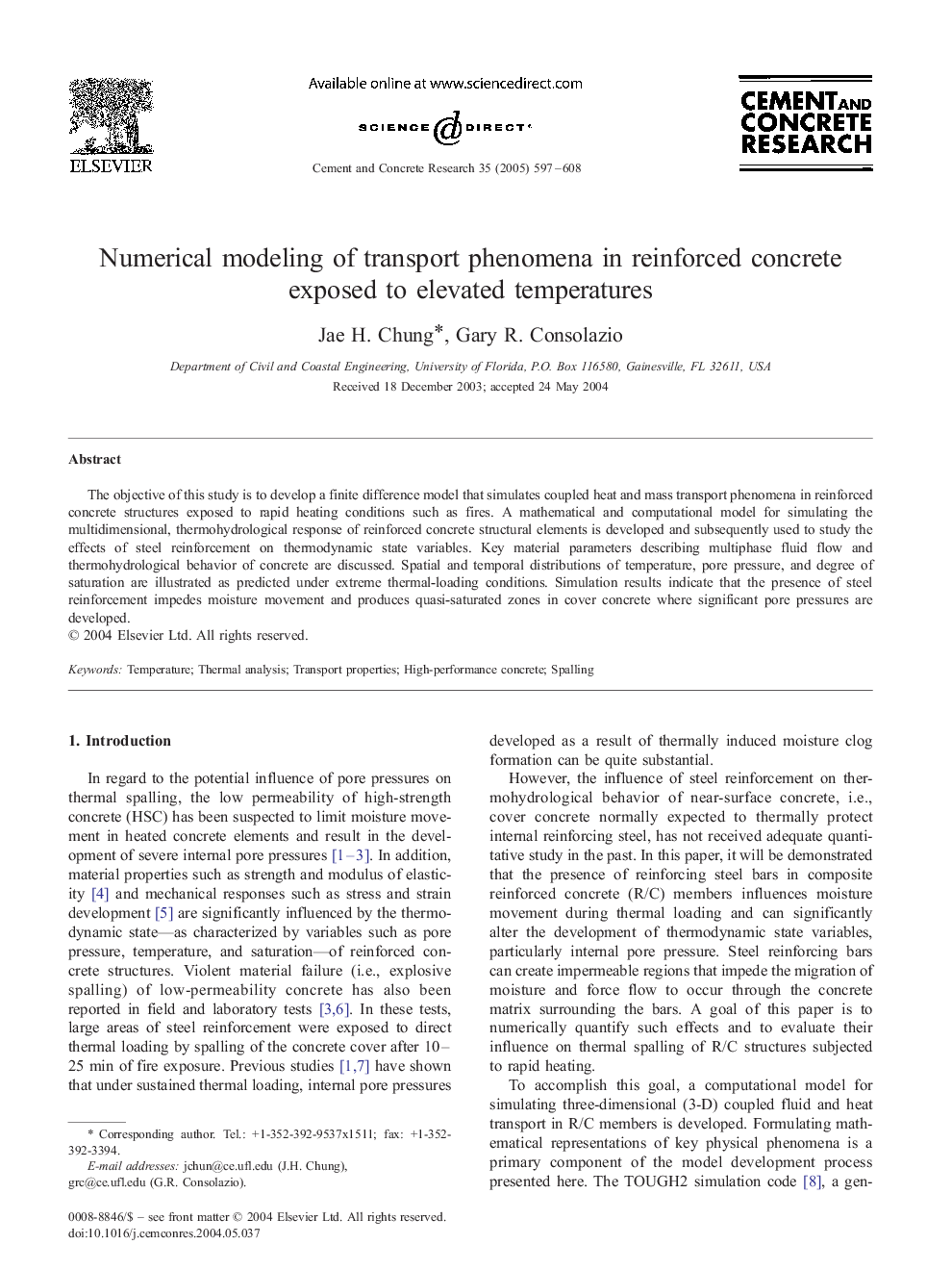 Numerical modeling of transport phenomena in reinforced concrete exposed to elevated temperatures