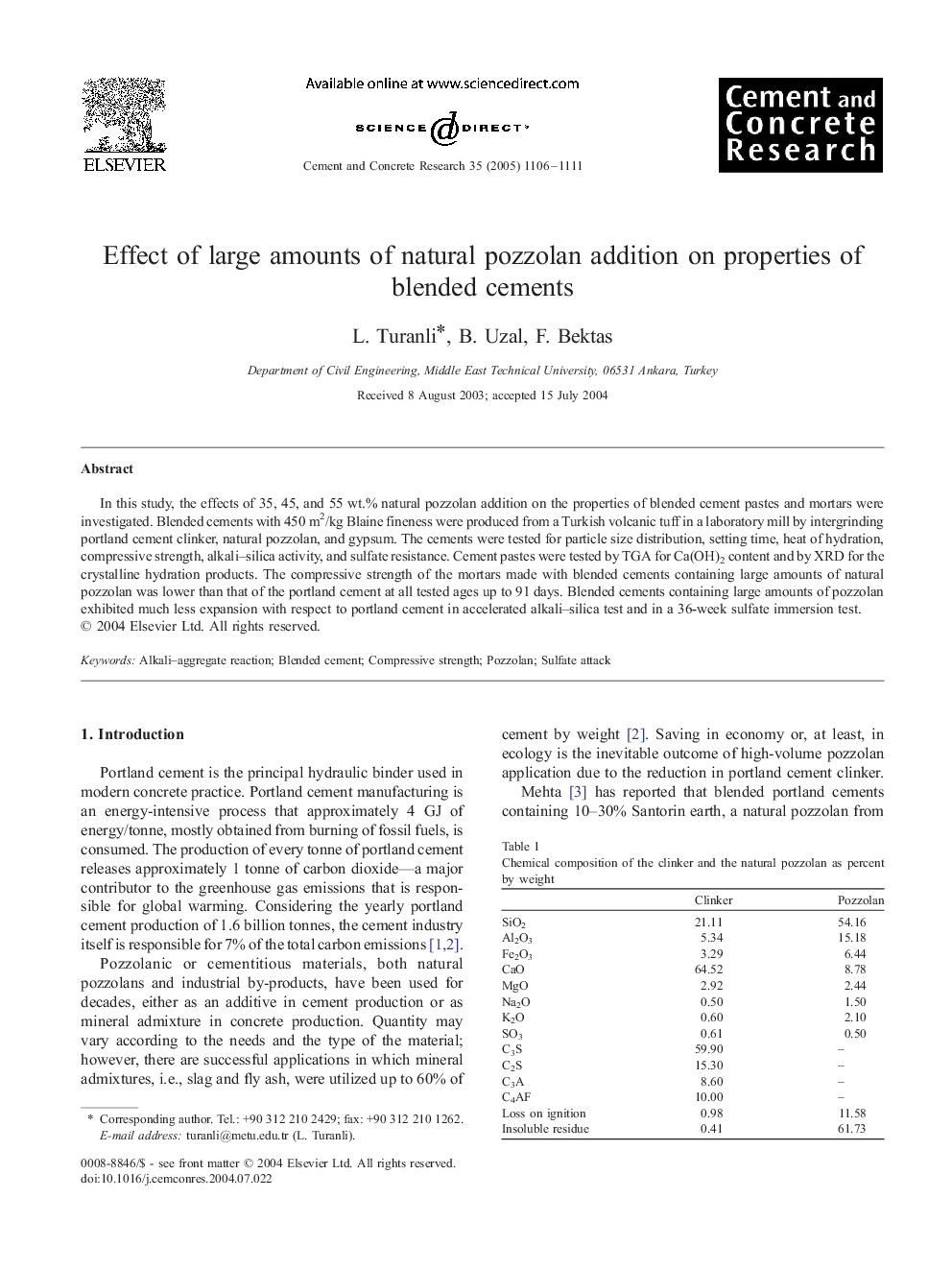 Effect of large amounts of natural pozzolan addition on properties of blended cements