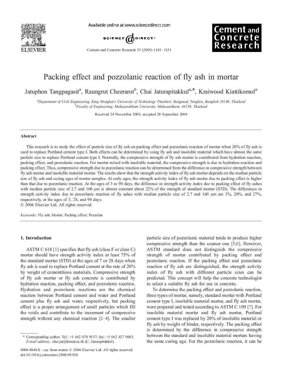 Packing effect and pozzolanic reaction of fly ash in mortar