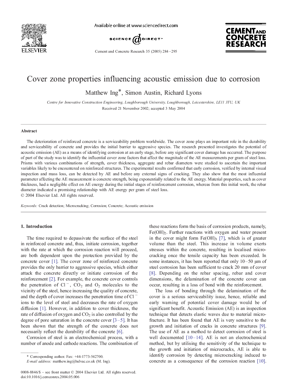 Cover zone properties influencing acoustic emission due to corrosion