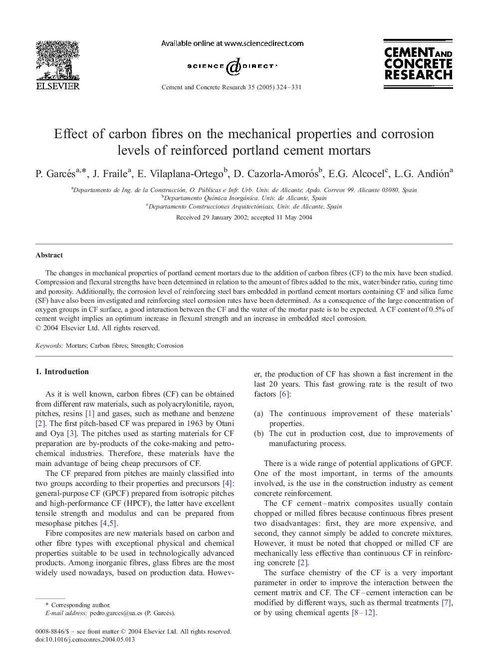 Effect of carbon fibres on the mechanical properties and corrosion levels of reinforced portland cement mortars