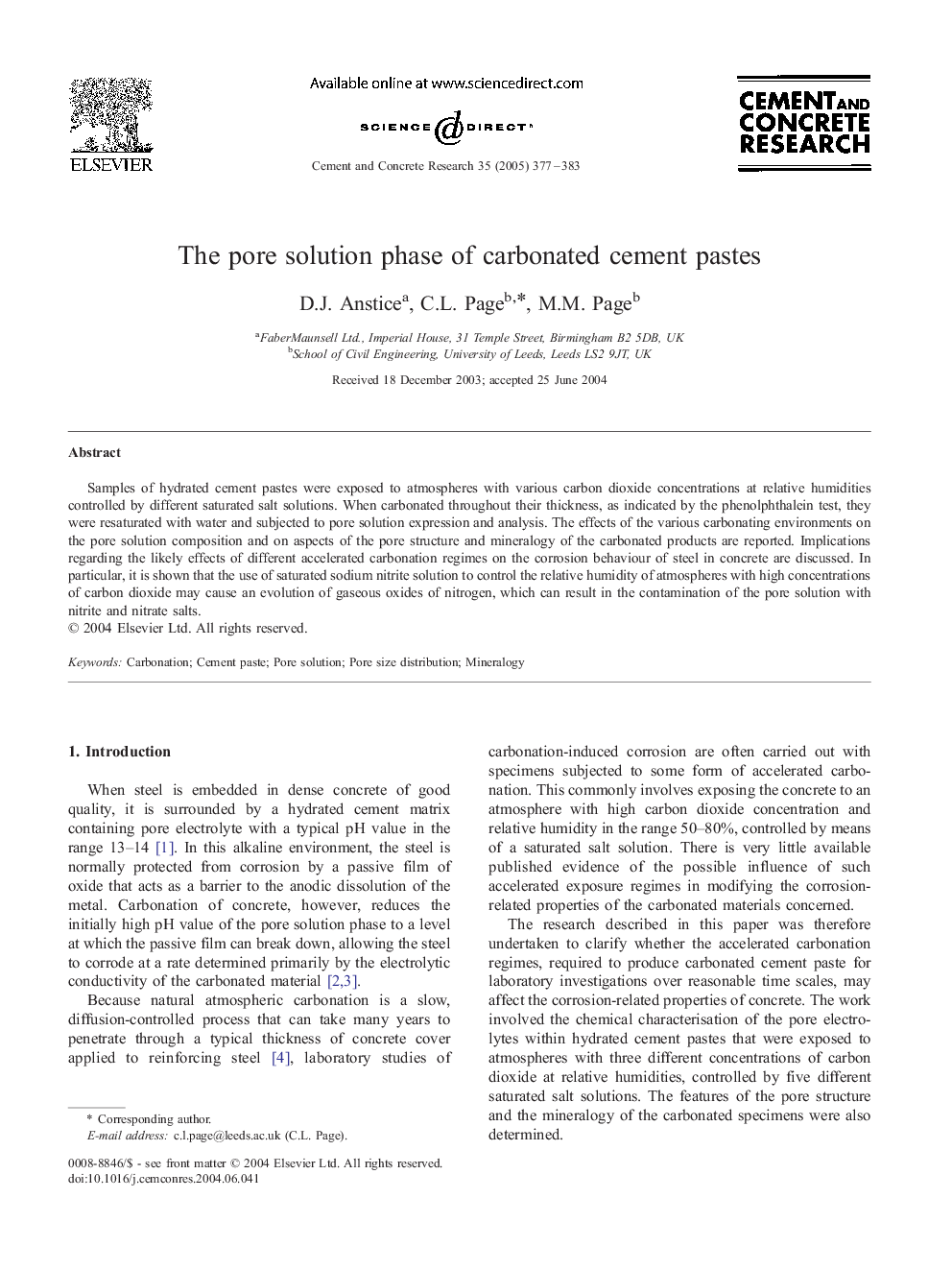 The pore solution phase of carbonated cement pastes