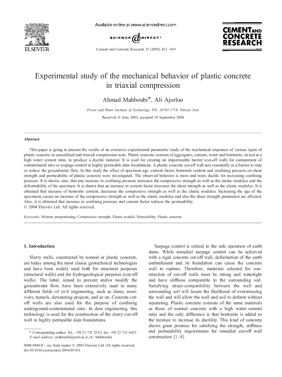 Experimental study of the mechanical behavior of plastic concrete in triaxial compression