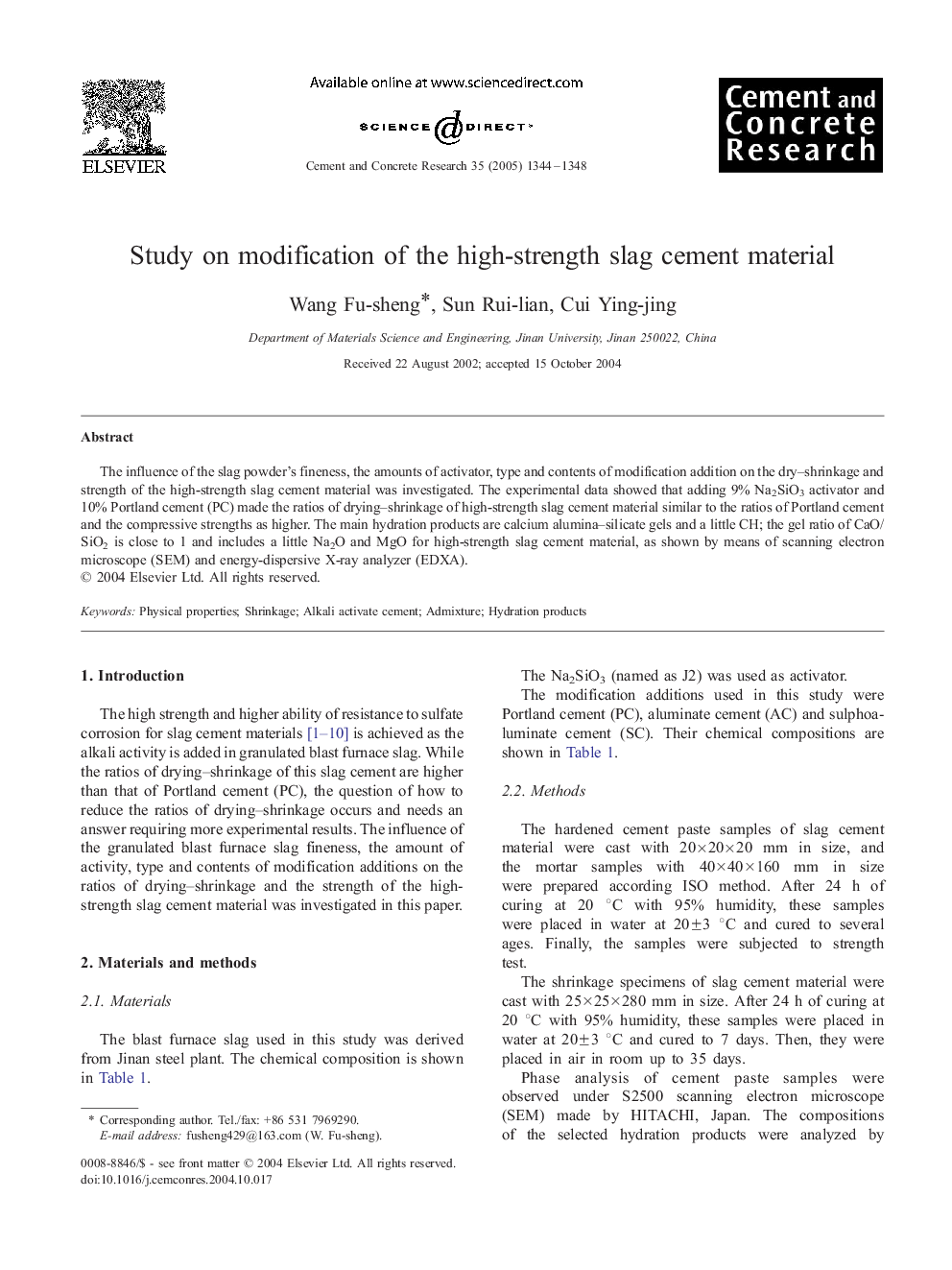 Study on modification of the high-strength slag cement material