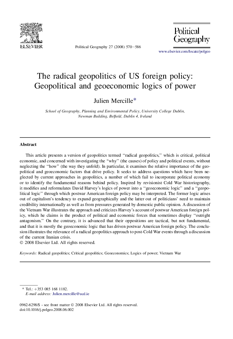 The radical geopolitics of US foreign policy: Geopolitical and geoeconomic logics of power