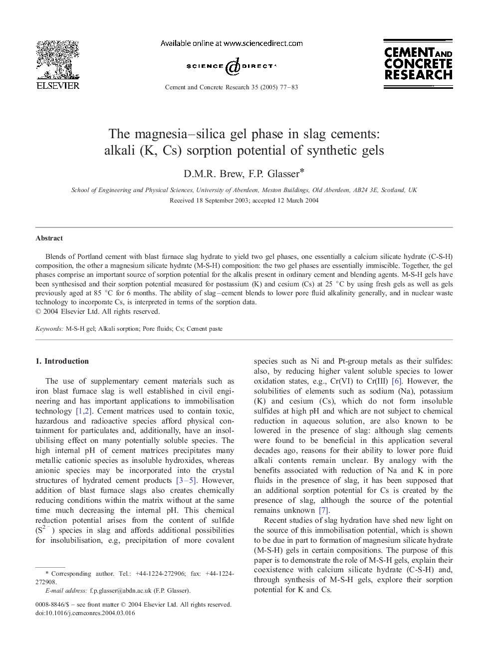 The magnesia-silica gel phase in slag cements: alkali (K, Cs) sorption potential of synthetic gels