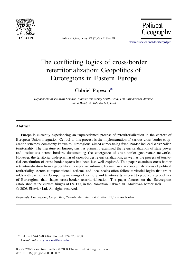 The conflicting logics of cross-border reterritorialization: Geopolitics of Euroregions in Eastern Europe