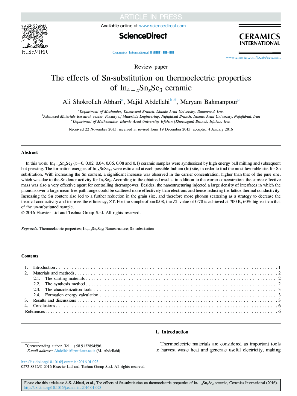 The effects of Sn-substitution on thermoelectric properties of In4âxSnxSe3 ceramic