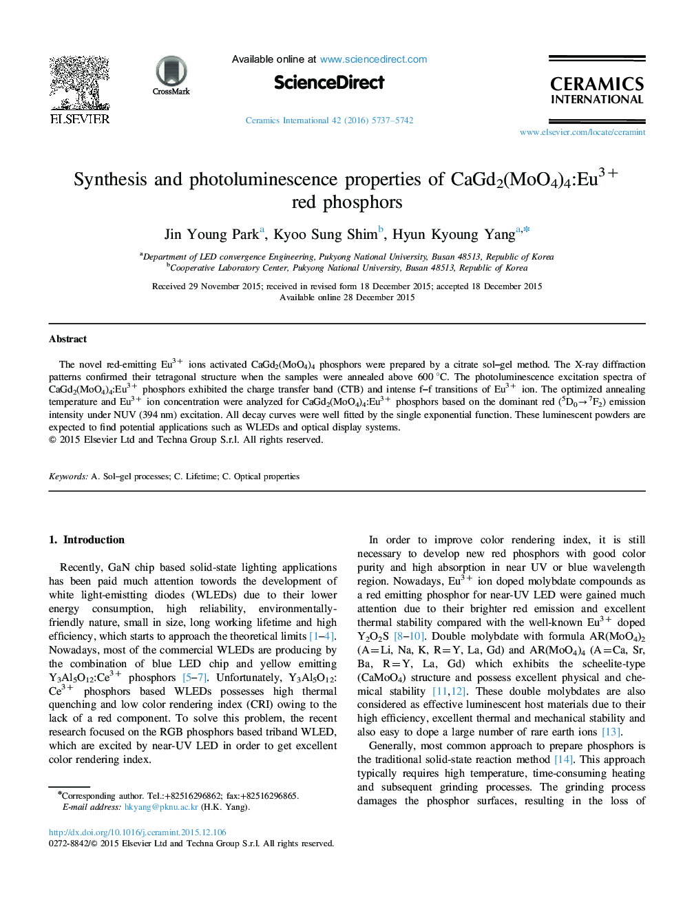 Synthesis and photoluminescence properties of CaGd2(MoO4)4:Eu3+ red phosphors