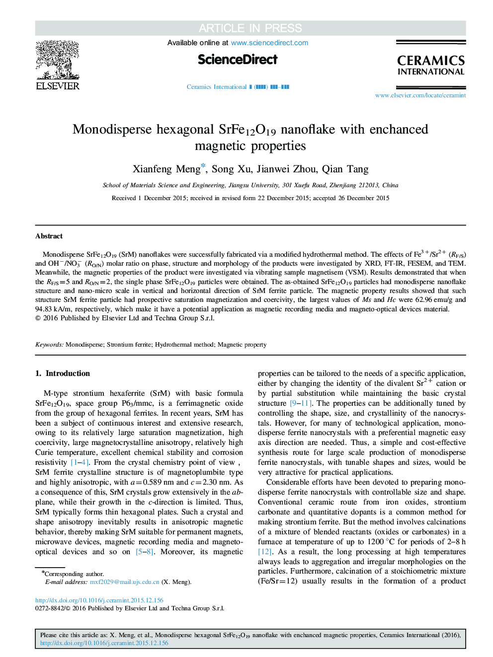 Monodisperse hexagonal SrFe12O19 nanoflake with enchanced magnetic properties