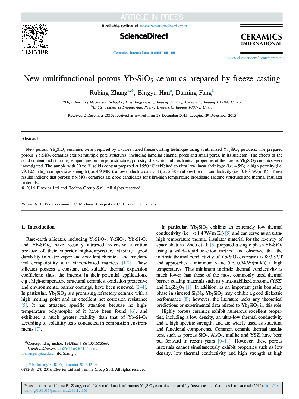 New multifunctional porous Yb2SiO5 ceramics prepared by freeze casting