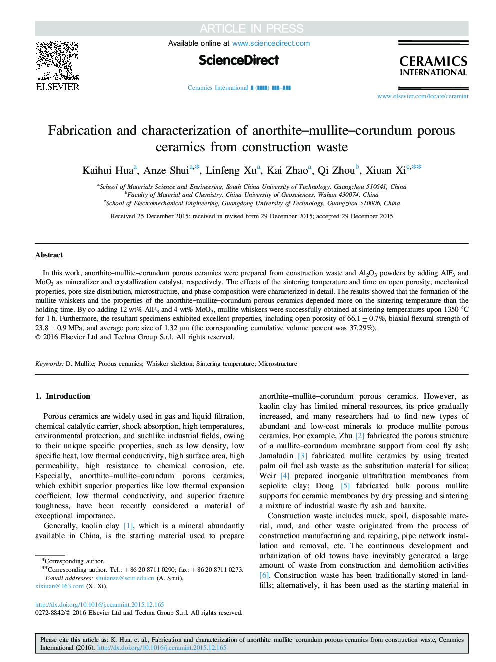 Fabrication and characterization of anorthite-mullite-corundum porous ceramics from construction waste