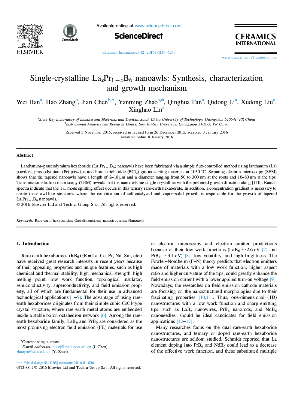 Single-crystalline LaxPr1âxB6 nanoawls: Synthesis, characterization and growth mechanism