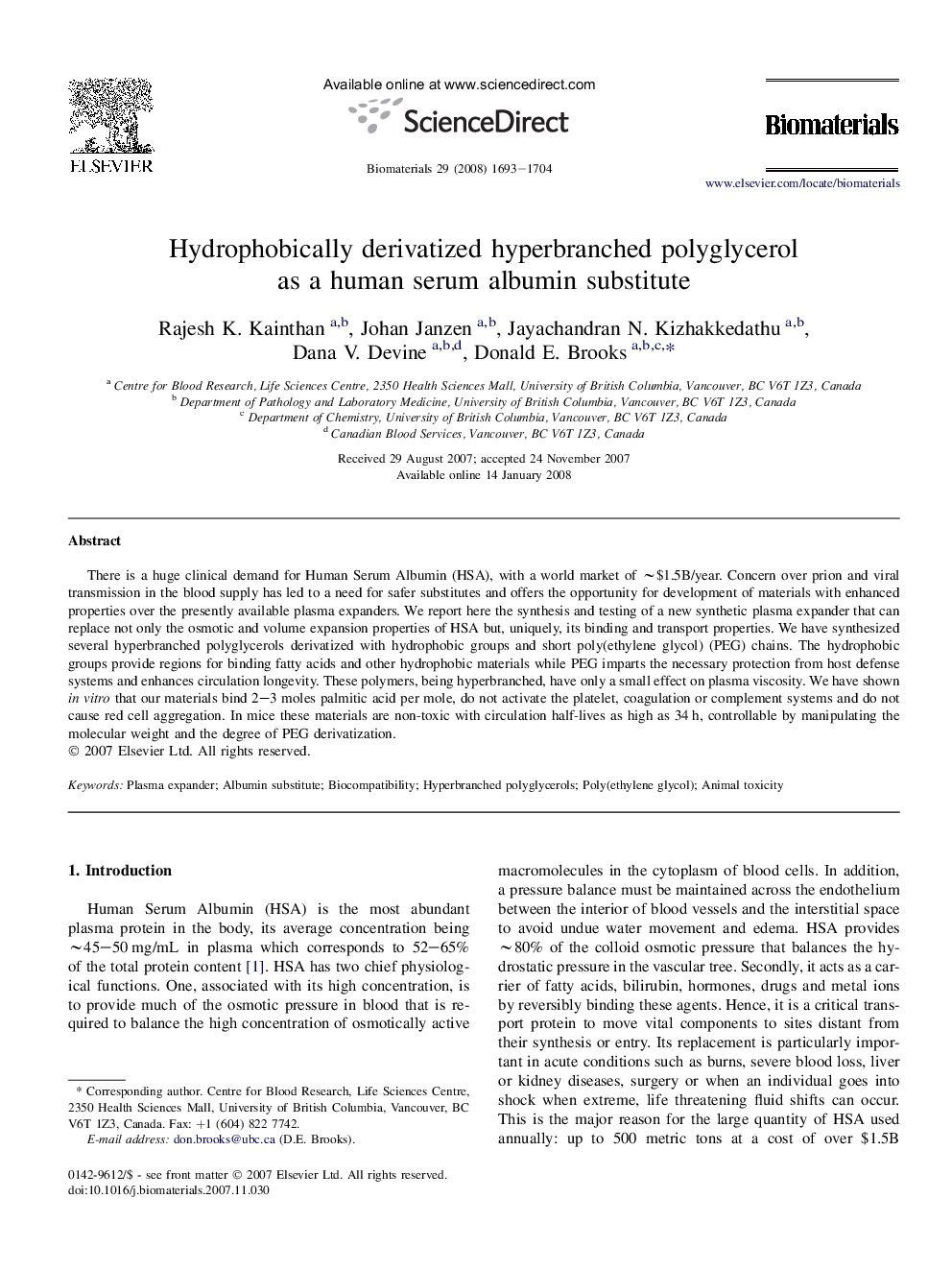 Hydrophobically derivatized hyperbranched polyglycerol as a human serum albumin substitute