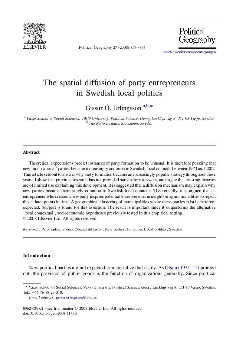 The spatial diffusion of party entrepreneurs in Swedish local politics