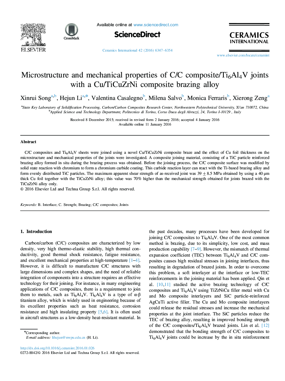 Microstructure and mechanical properties of C/C composite/Ti6Al4V joints with a Cu/TiCuZrNi composite brazing alloy