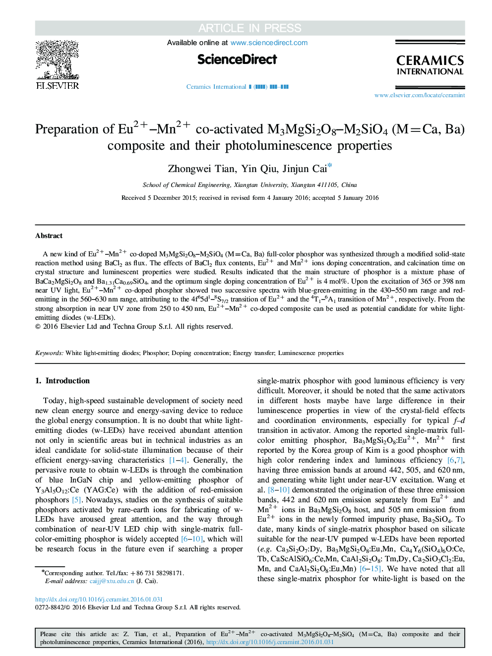 RETRACTED: Preparation of Eu2+-Mn2+ co-activated M3MgSi2O8-M2SiO4 (M=Ca, Ba) composite and their photoluminescence properties