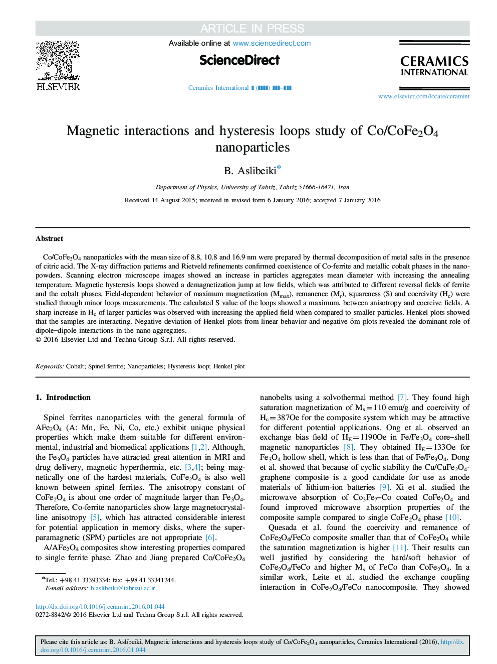 Magnetic interactions and hysteresis loops study of Co/CoFe2O4 nanoparticles