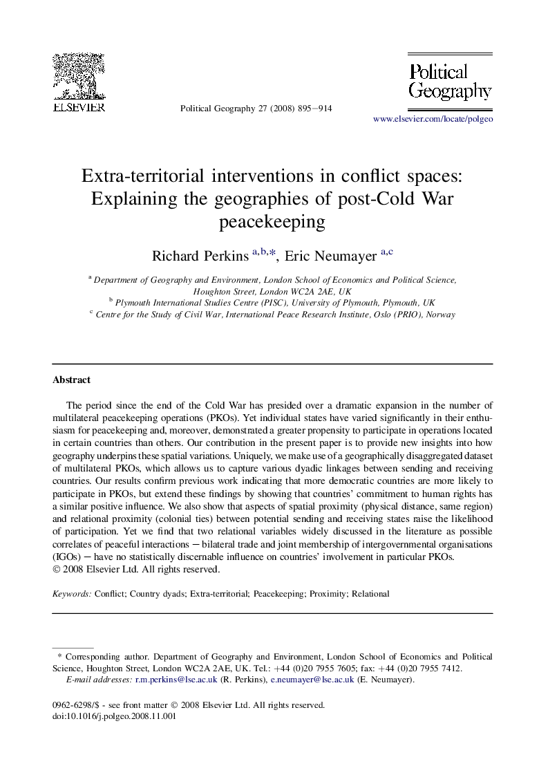 Extra-territorial interventions in conflict spaces: Explaining the geographies of post-Cold War peacekeeping