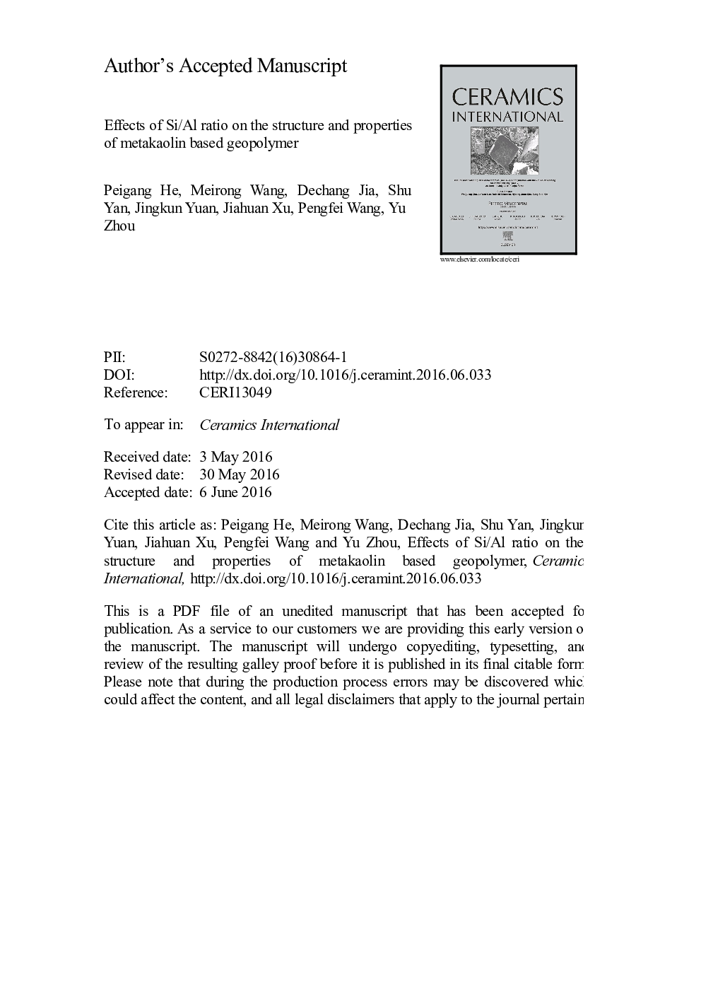 Effects of Si/Al ratio on the structure and properties of metakaolin based geopolymer