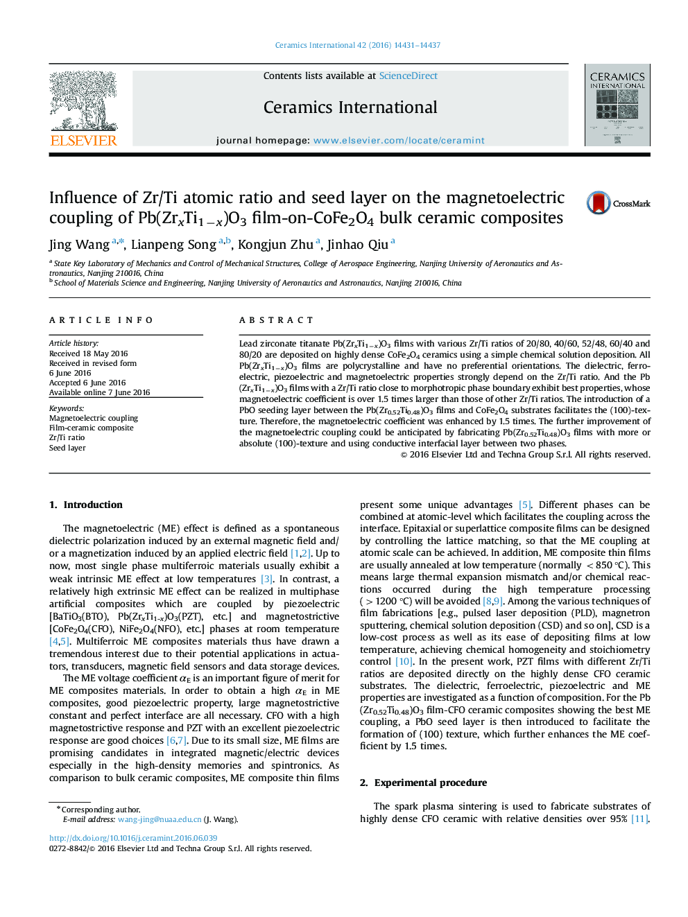 Influence of Zr/Ti atomic ratio and seed layer on the magnetoelectric coupling of Pb(ZrxTi1âx)O3 film-on-CoFe2O4 bulk ceramic composites