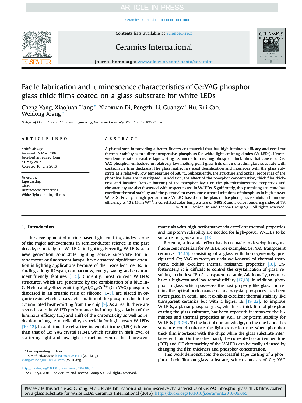 Facile fabrication and luminescence characteristics of Ce:YAG phosphor glass thick films coated on a glass substrate for white LEDs